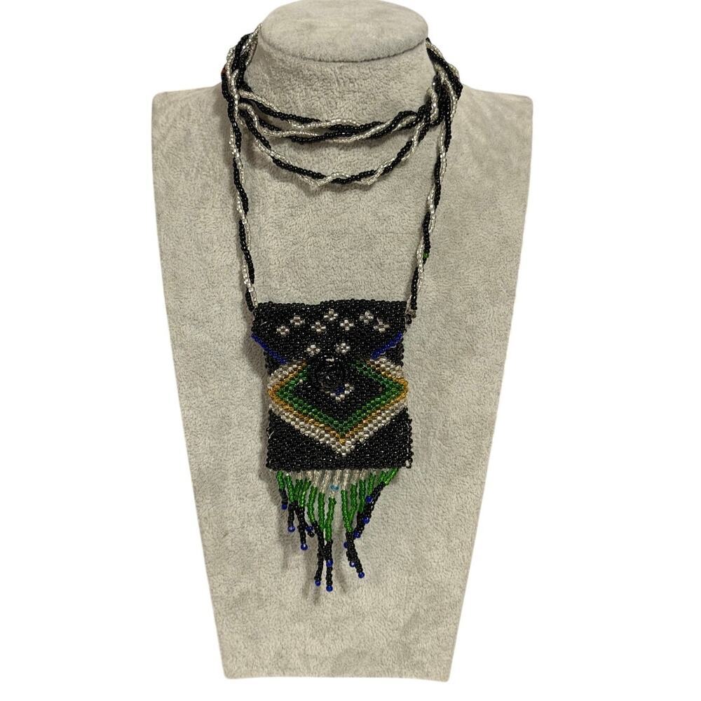 Vintage Beaded Medicine Bag Necklace Seed Bead Coin Pouch Boho Festival 36”
